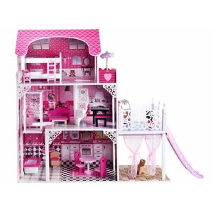 mamido  Drevený domček pre bábiky s nábytkom a šmýkačkou ružový